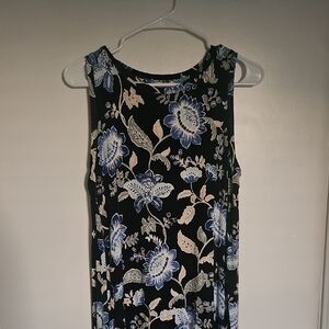 Black Floral Sleeveless Dress with Blue & Cream Blooms